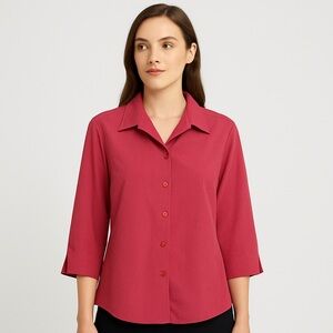 Fashion Star Burnt Salmon Button Down Blouse 3/4 Sleeve Collared Top Size 6